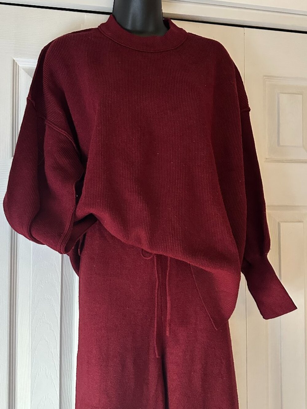Burgundy Ribbed Lounge Set Wide Leg Pants & Oversized Top Cozy Matching Set Size